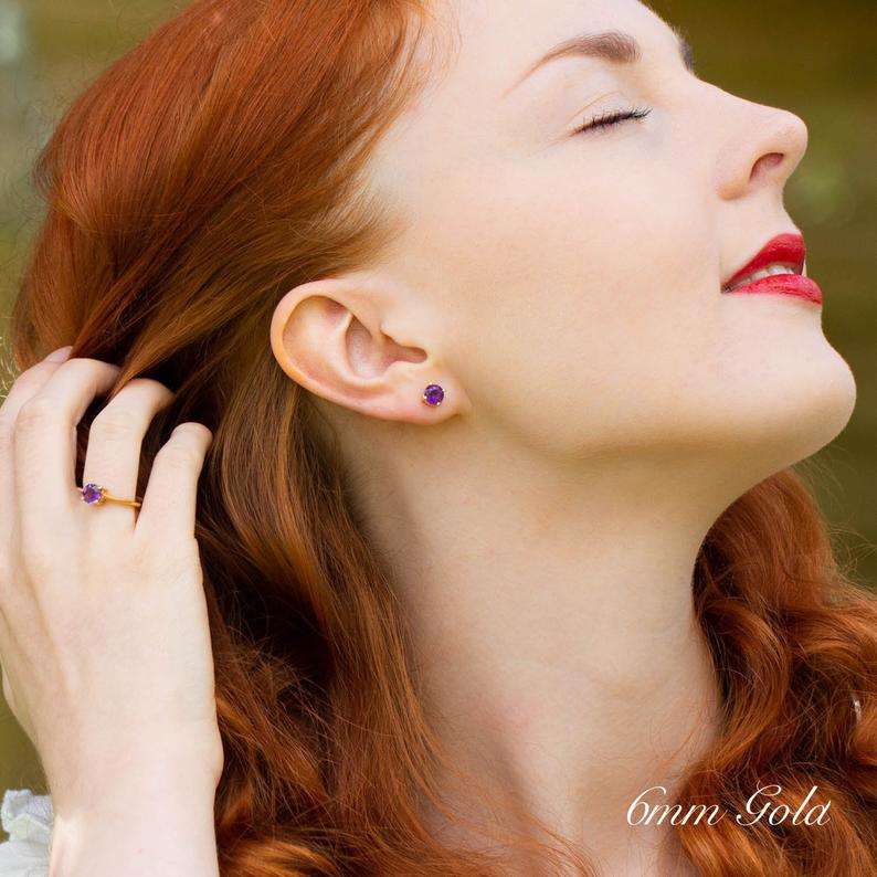 Amethyst Stud Earrings Gold