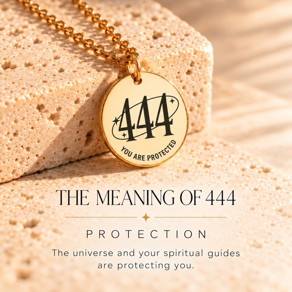 Round gold 444 angel number pendant on sunlit stone, engraved 'you are protected' — 444 means protection