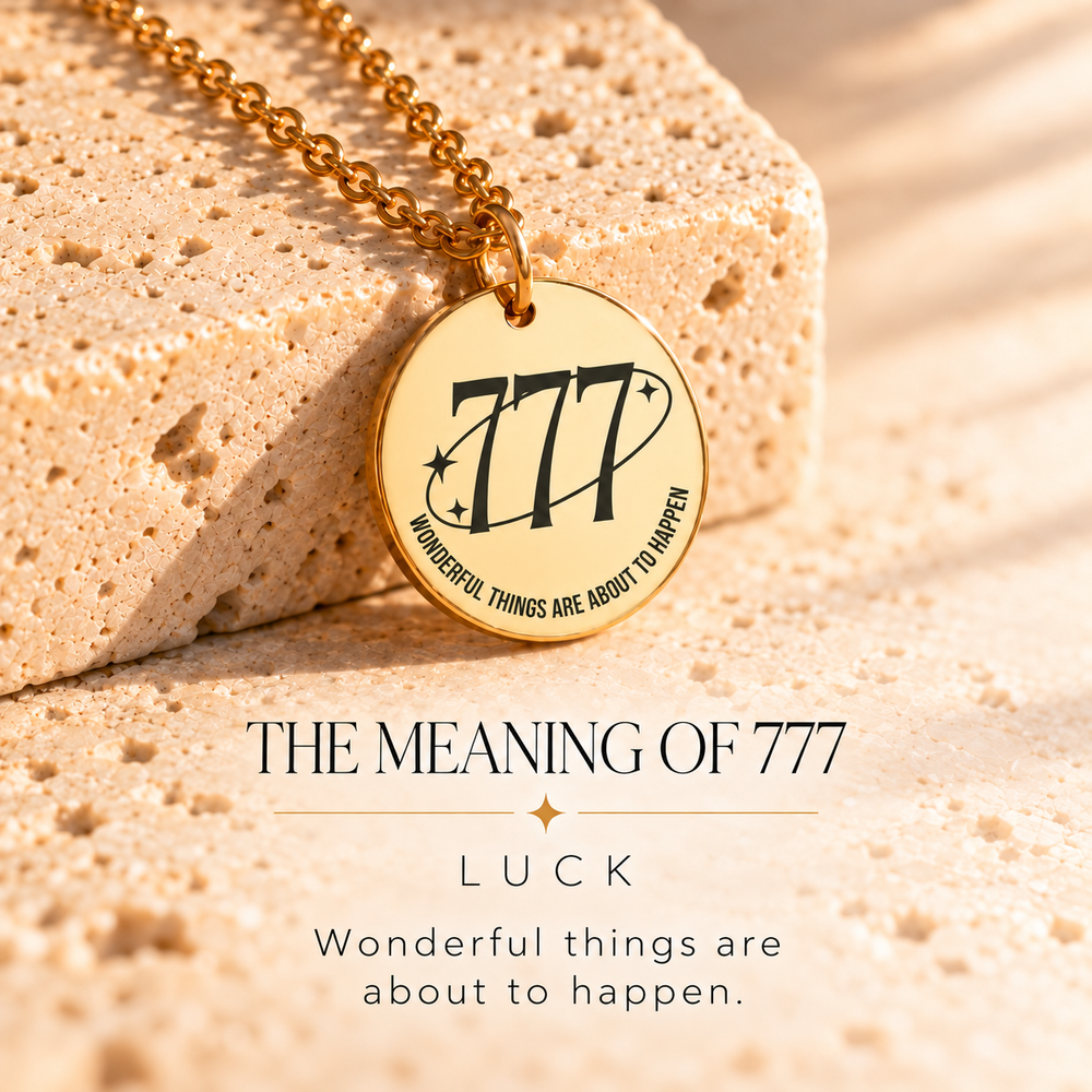 Round gold 777 angel number pendant on sunlit stone, engraved 'wonderful things are about to happen' — 777 means luck
