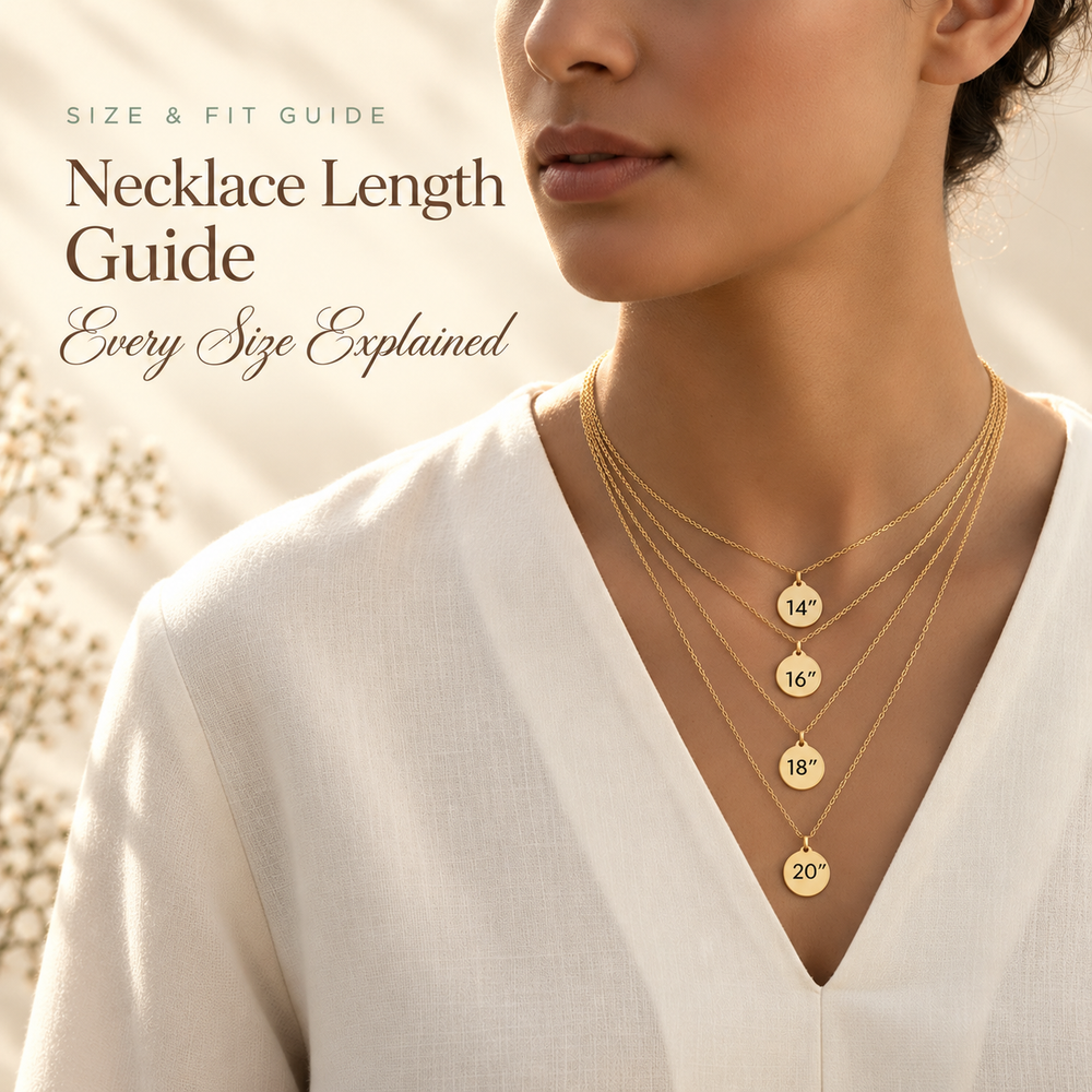 Necklace Length Guide — four gold chains on a model marked 14, 16, 18 and 20 inches to show where each length sits