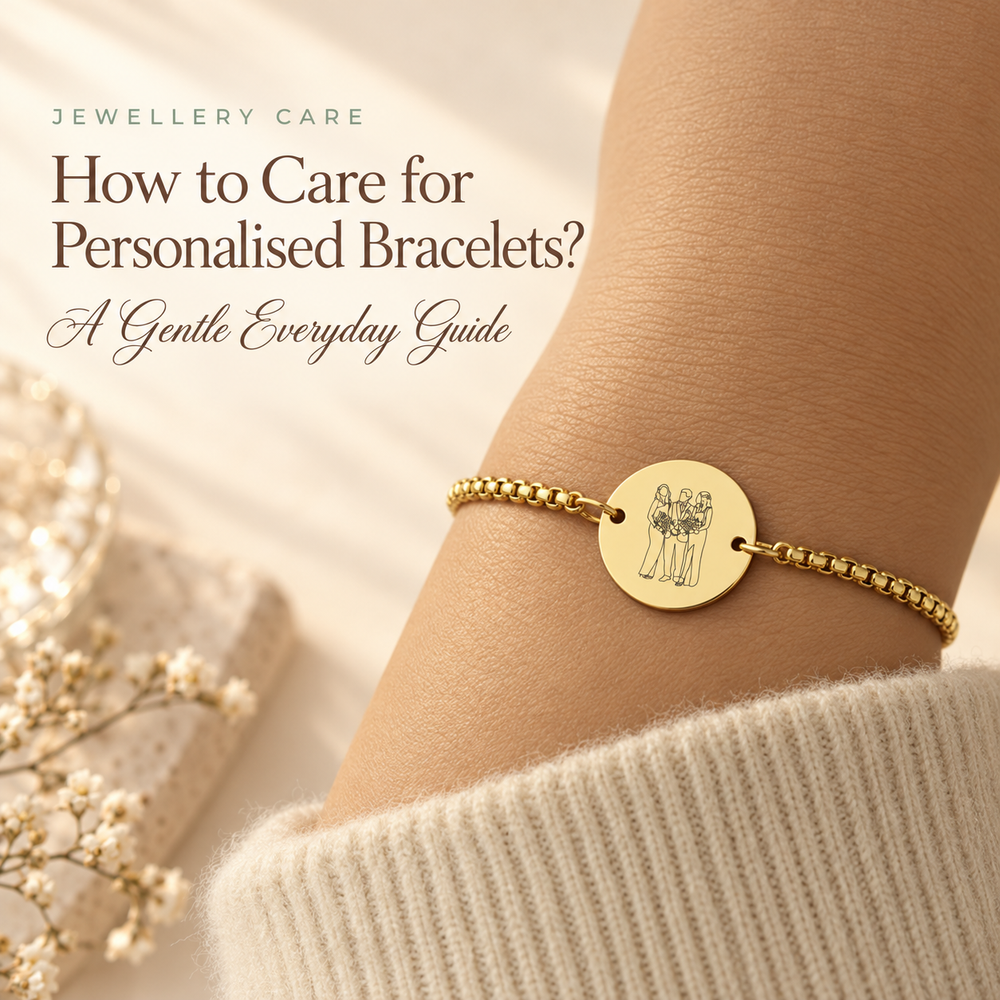 How to Care for Personalised Bracelets — a gold beaded bracelet with an engraved disc charm worn over a cream knit sleeve