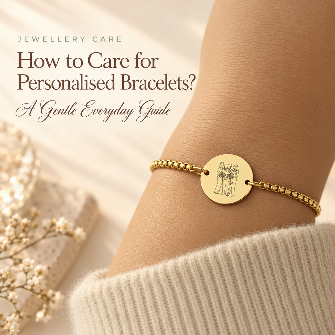 How to Care for Personalised Bracelets — a gold beaded bracelet with an engraved disc charm worn over a cream knit sleeve