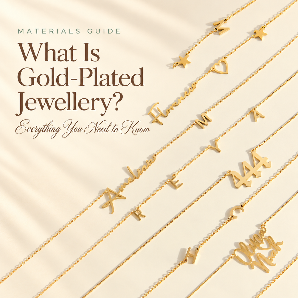 What Is Gold-Plated Jewellery? — gold-plated name necklaces and initial pendants laid out on a cream background