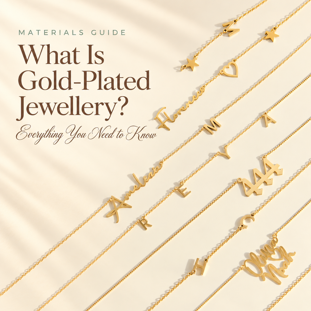 What Is Gold-Plated Jewellery? — gold-plated name necklaces and initial pendants laid out on a cream background