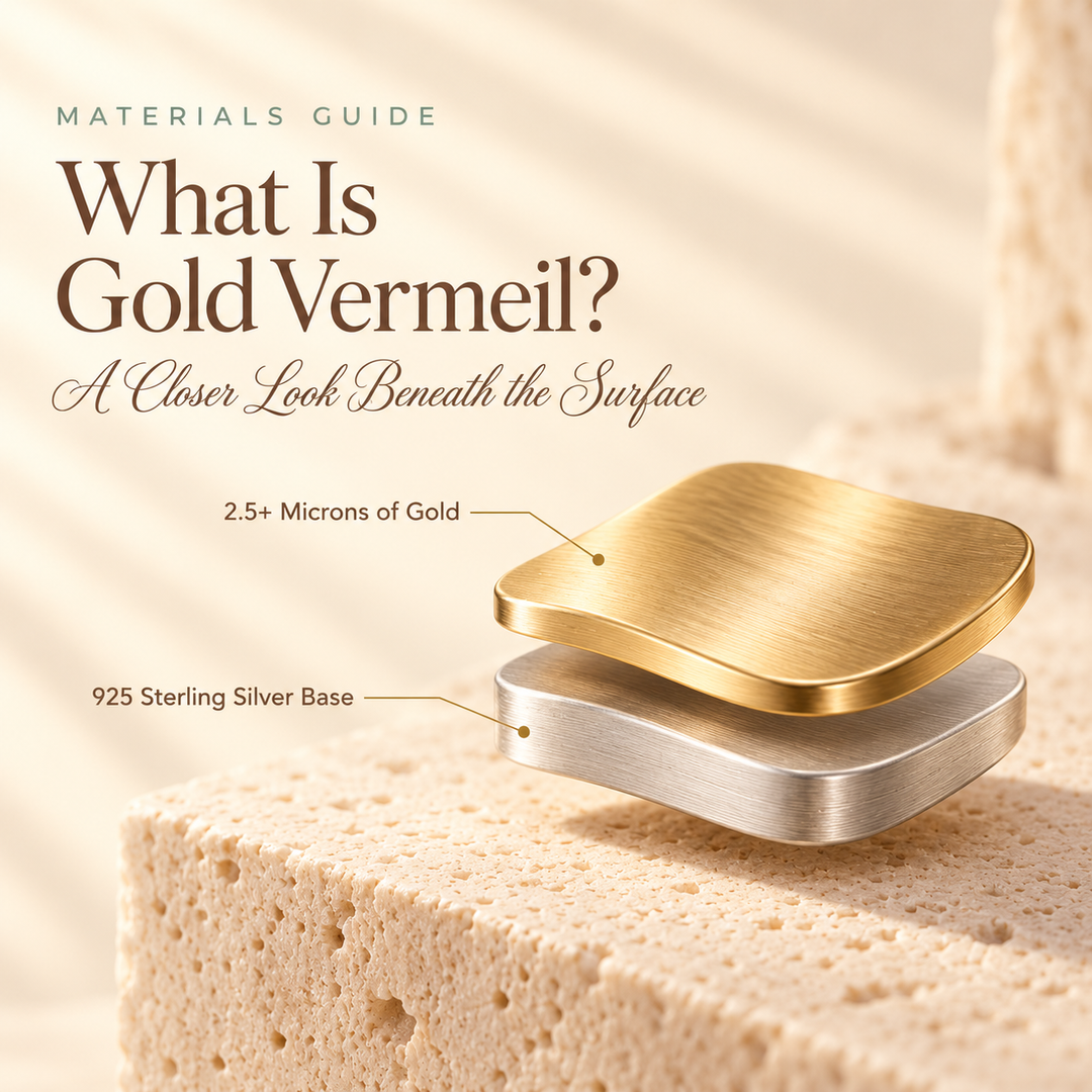 What Is Gold Vermeil? — a diagram showing a 2.5 micron gold layer lifting away from a 925 sterling silver base