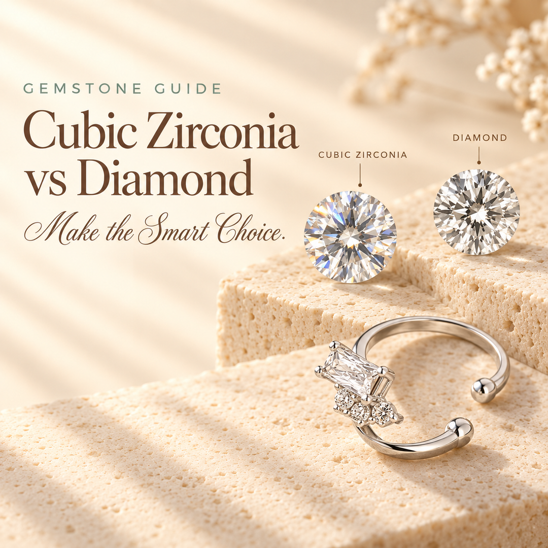 Cubic Zirconia vs Diamond — two round brilliant stones labelled side by side for comparison, with a silver cubic zirconia ring