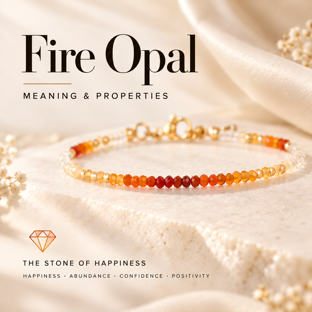 Fire Opal Meaning and Properties, the Stone of Happiness — a graduated Ethiopian fire opal bracelet running clear through amber to deep orange, captioned Happiness · Abundance · Confidence · Positivity