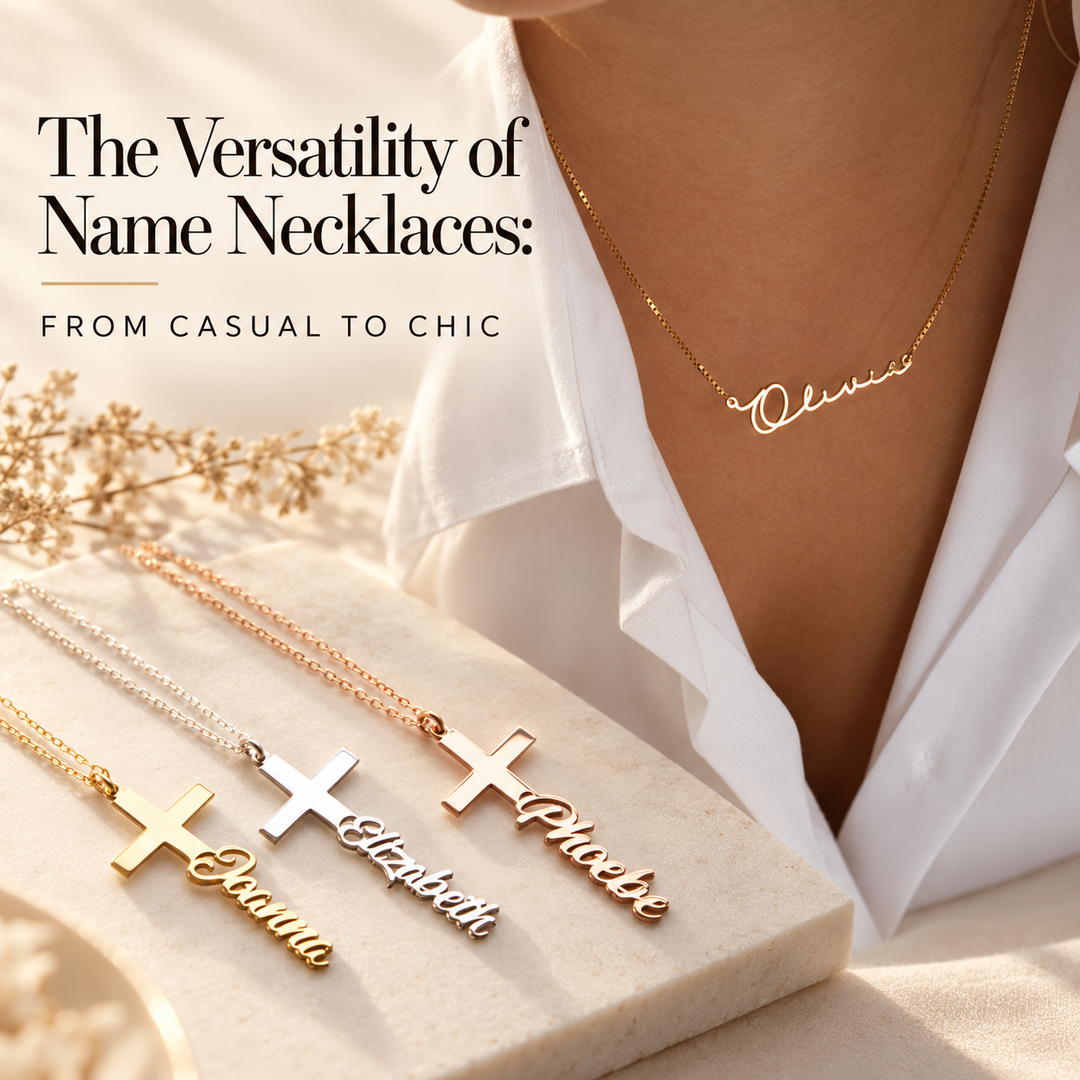 The Versatility of Name Necklaces, from casual to chic — a gold script Olivia name necklace worn with a white shirt, above cross name necklaces in gold, silver and rose gold reading Joanna, Elizabeth and Phoebe