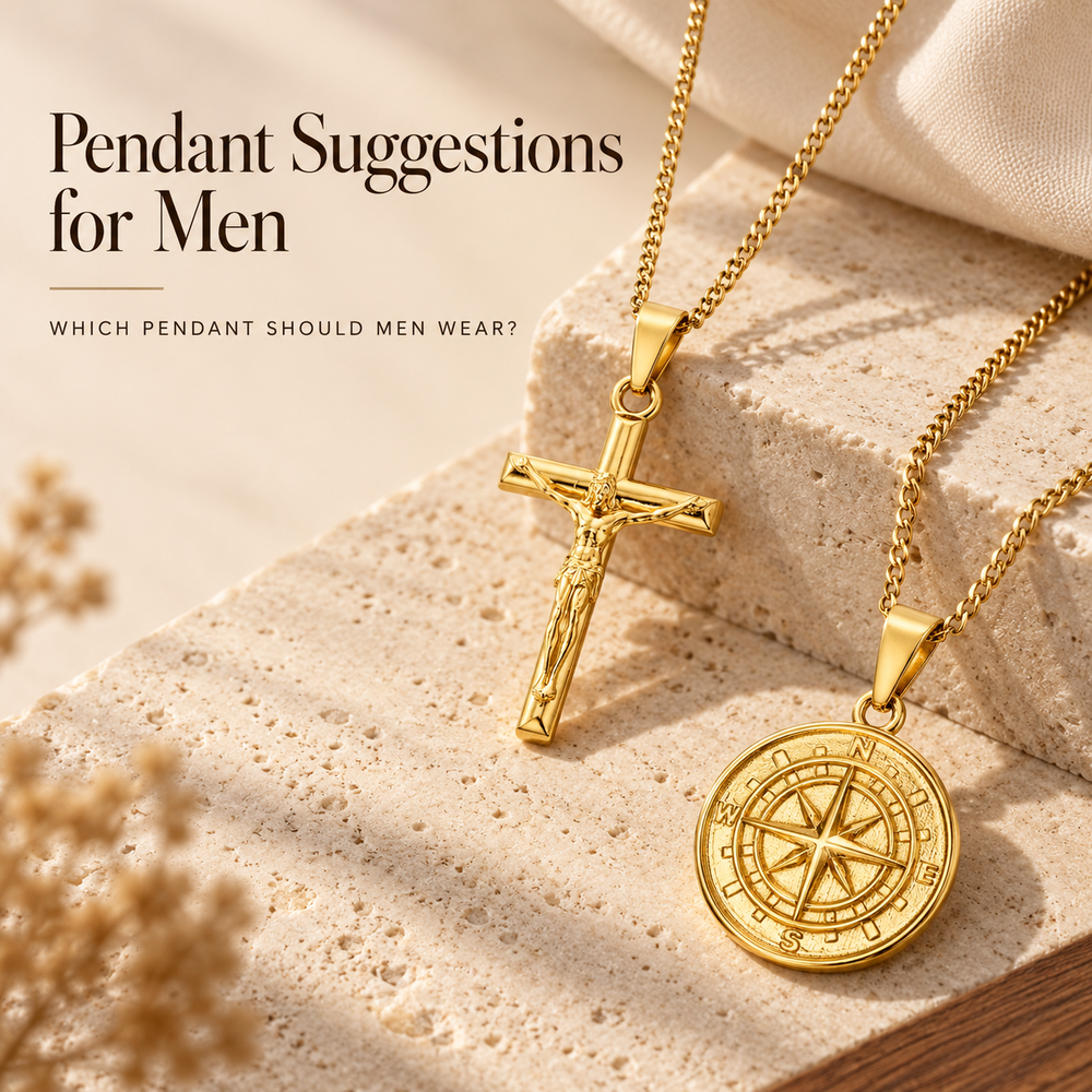Pendant Suggestions for Men — a gold crucifix pendant and a gold compass rose pendant on heavy curb chains, resting on travertine