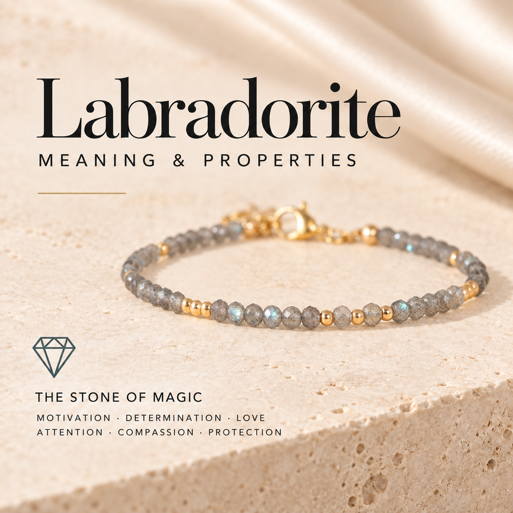 Labradorite Meaning and Properties, the Stone of Magic — a grey labradorite and gold beaded bracelet flashing blue on travertine, captioned Motivation · Determination · Love · Attention · Compassion · Protection