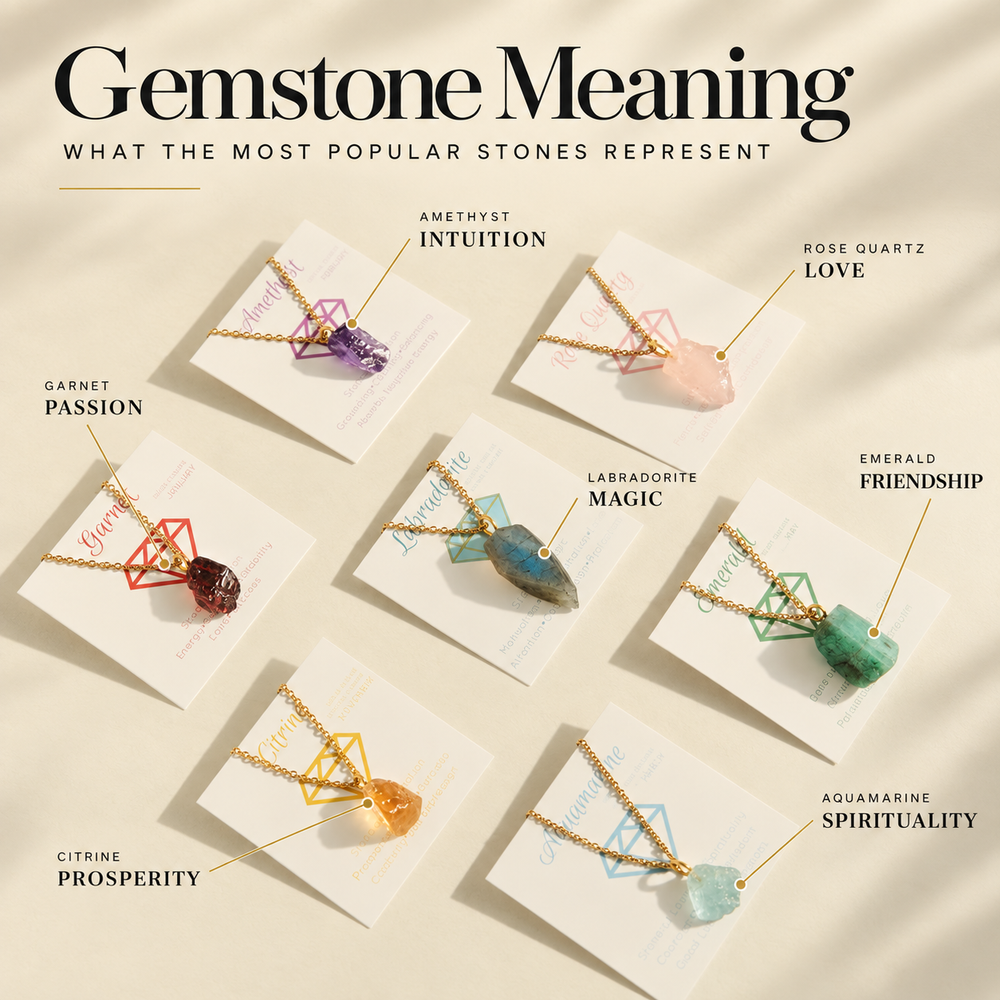 Gemstone Meanings — seven raw crystal pendant necklaces on printed cards: garnet for passion, amethyst for intuition, rose quartz for love, labradorite for magic, emerald for friendship, citrine for prosperity and aquamarine for spirituality