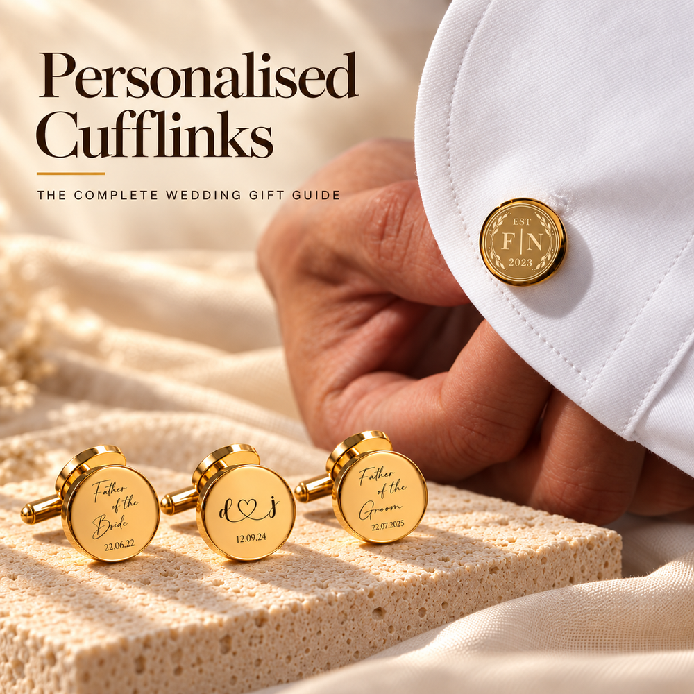 Personalised Cufflinks, the complete wedding gift guide — a monogrammed F and N cufflink worn on a white shirt cuff, with three gold cufflinks engraved Father of the Bride, initials with a heart, and Father of the Groom