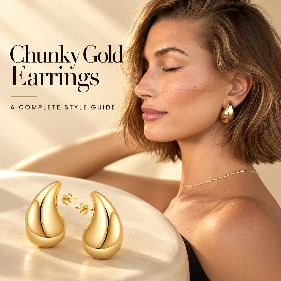 Chunky Gold Earrings, a complete style guide — a woman wearing a chunky gold teardrop hoop and a fine gold chain, with a matching pair of teardrop earrings in the foreground