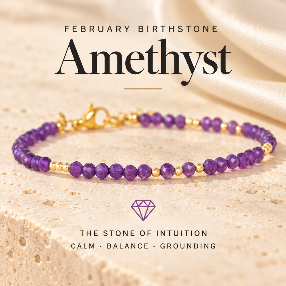 February Birthstone Amethyst, the Stone of Intuition — a purple amethyst and gold beaded bracelet on travertine, captioned Calm · Balance · Grounding