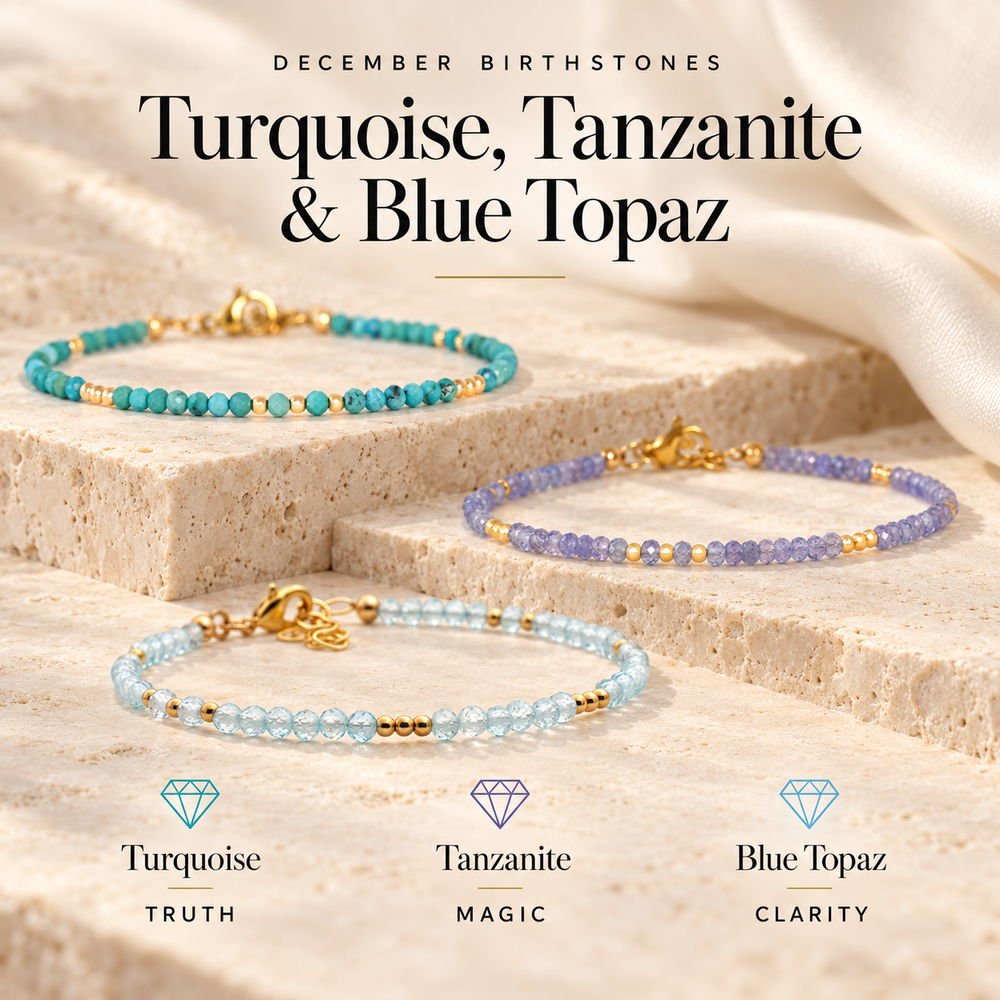 December Birthstones Turquoise, Tanzanite and Blue Topaz — three beaded bracelets on travertine steps, labelled Turquoise for truth, Tanzanite for magic and Blue Topaz for clarity