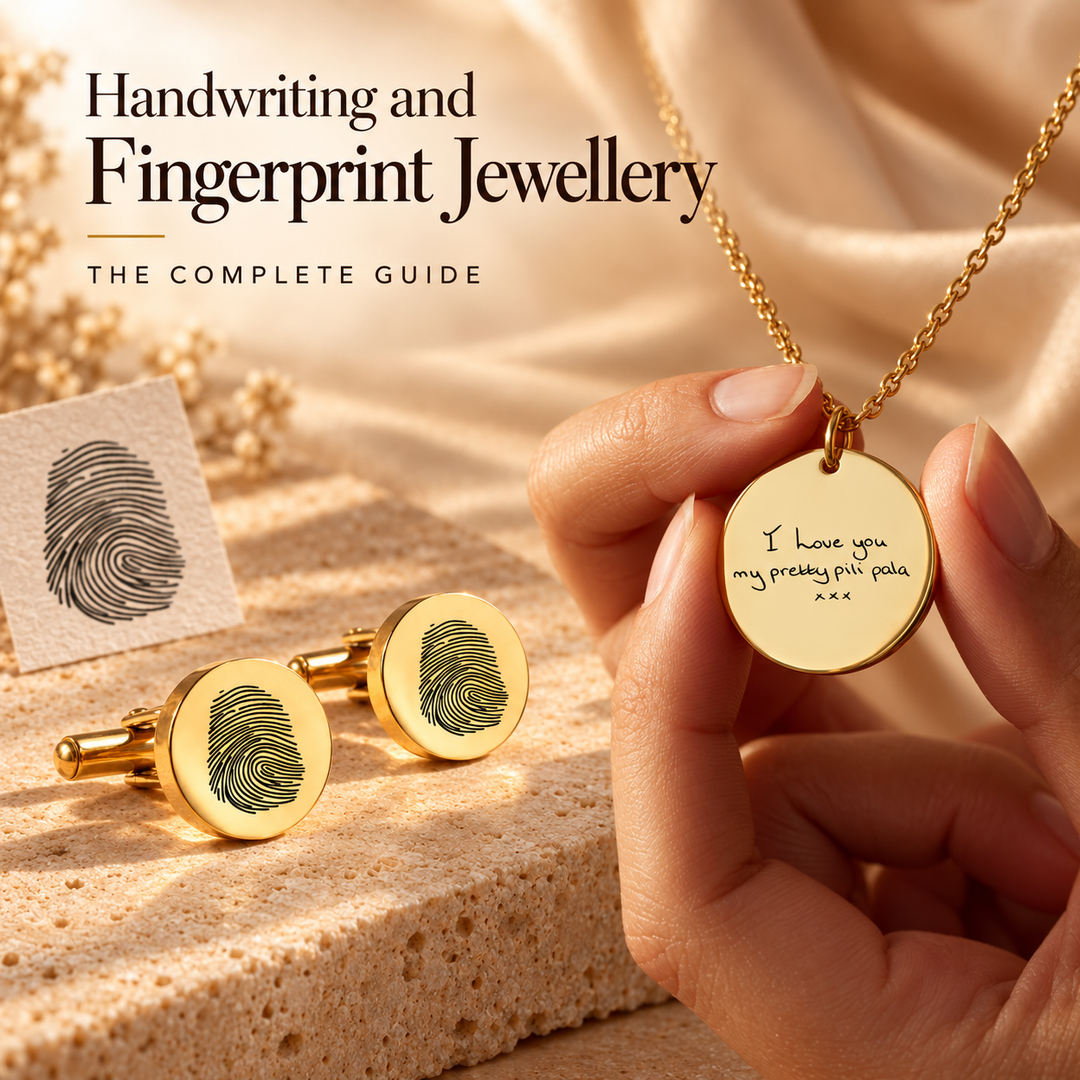 Handwriting and Fingerprint Jewellery, the complete guide — a hand holding a gold disc pendant engraved with a handwritten message, beside gold cufflinks engraved with a fingerprint