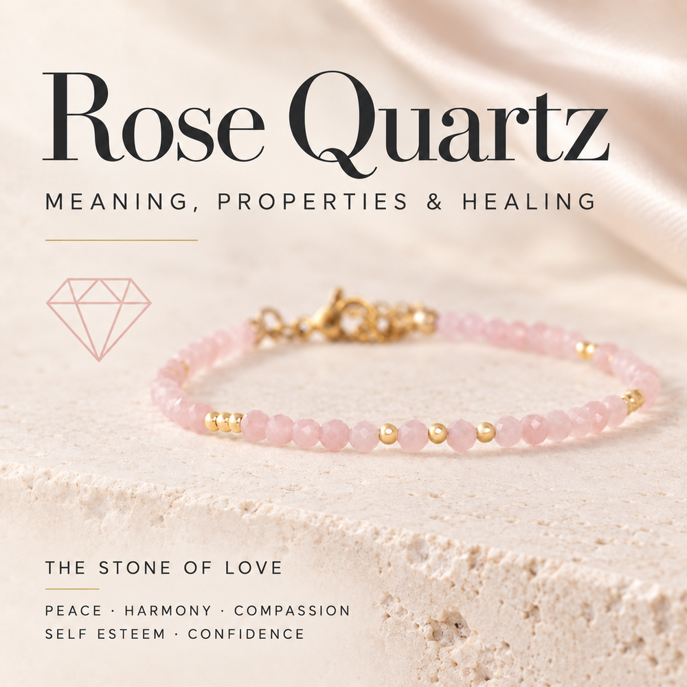 Rose Quartz Meaning, Properties and Healing, the Stone of Love — a pale pink rose quartz and gold beaded bracelet on travertine, captioned Peace · Harmony · Compassion · Self Esteem · Confidence