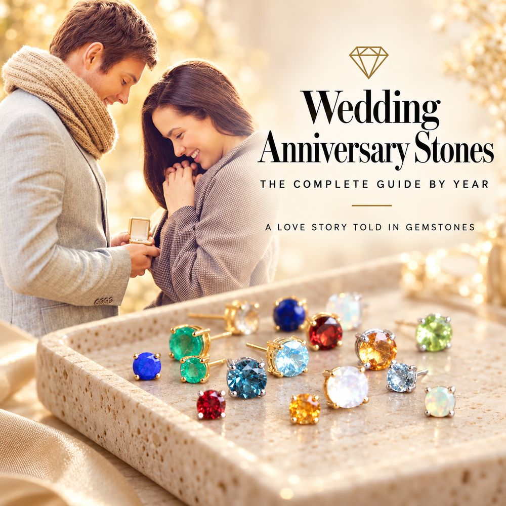 Wedding Anniversary Stones, a love story told in gemstones — a couple embracing beside a stone tray of coloured gemstone stud earrings in gold and silver settings