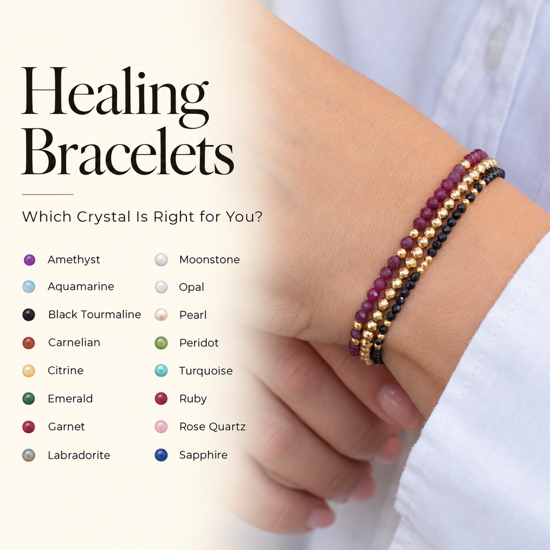 Healing Bracelets — a wrist wearing deep red and black beaded gemstone bracelets with gold accents, beside a colour key of sixteen crystals