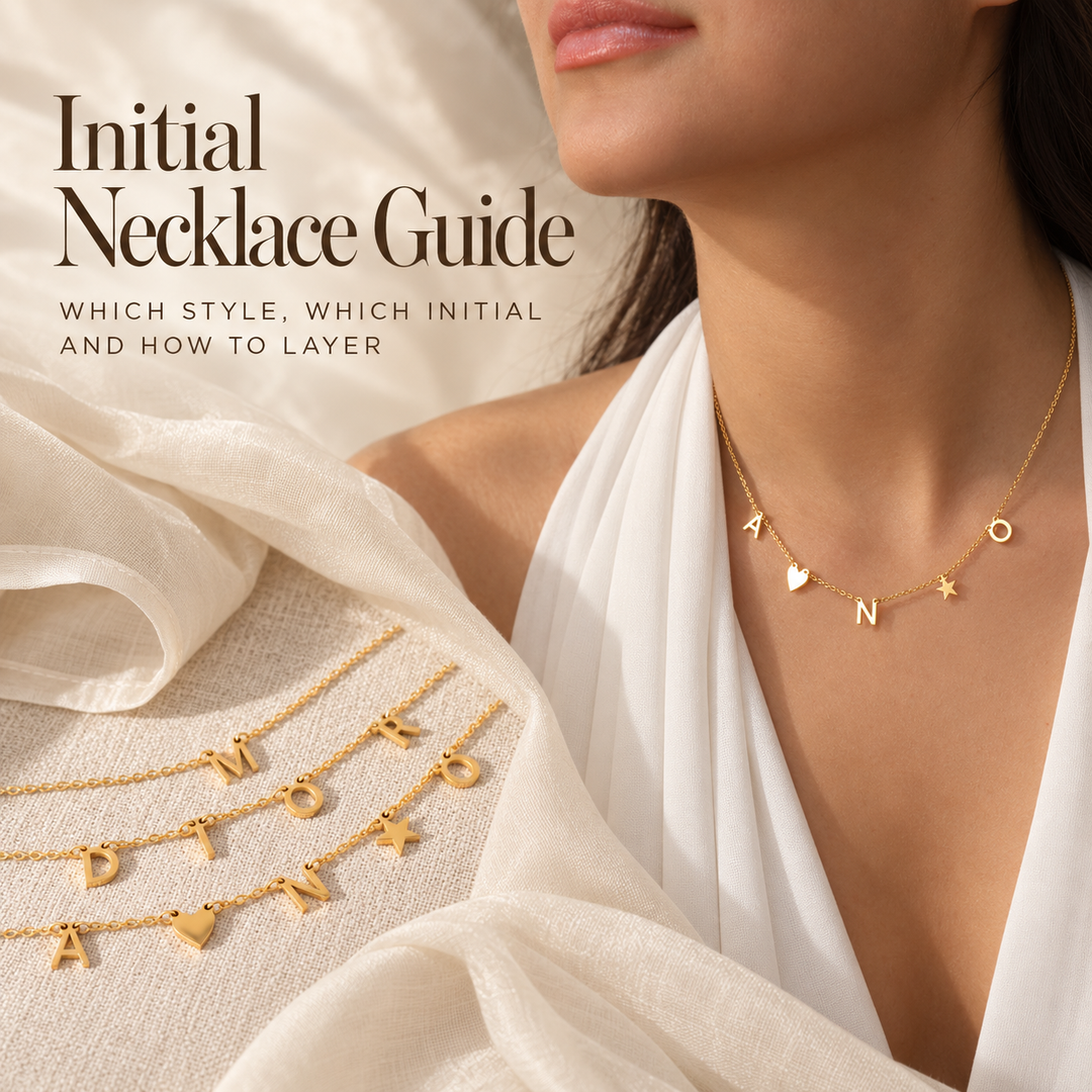 Initial Necklace Guide — which style, which initial and how to layer — a woman wearing a gold letter station necklace spelling A, N and O with a heart and star, above three more initial chains
