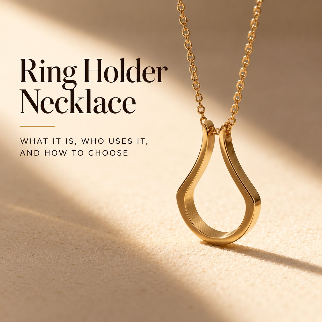 Ring Holder Necklace — what it is, who uses it and how to choose — a gold teardrop ring holder pendant on a fine chain, lit by low sunlight