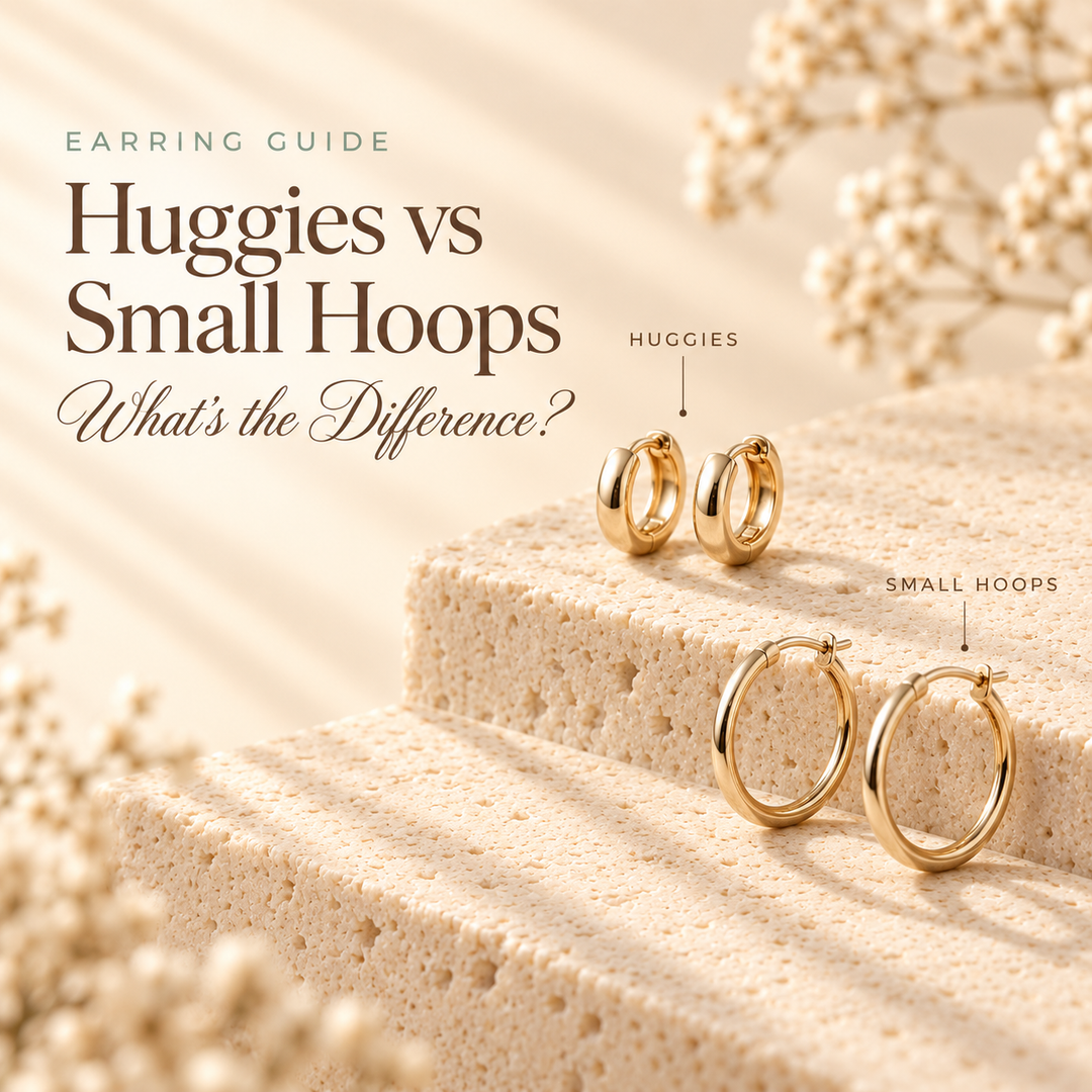 Huggies vs Small Hoops — a pair of gold huggie earrings beside larger small hoops, labelled to show the size difference