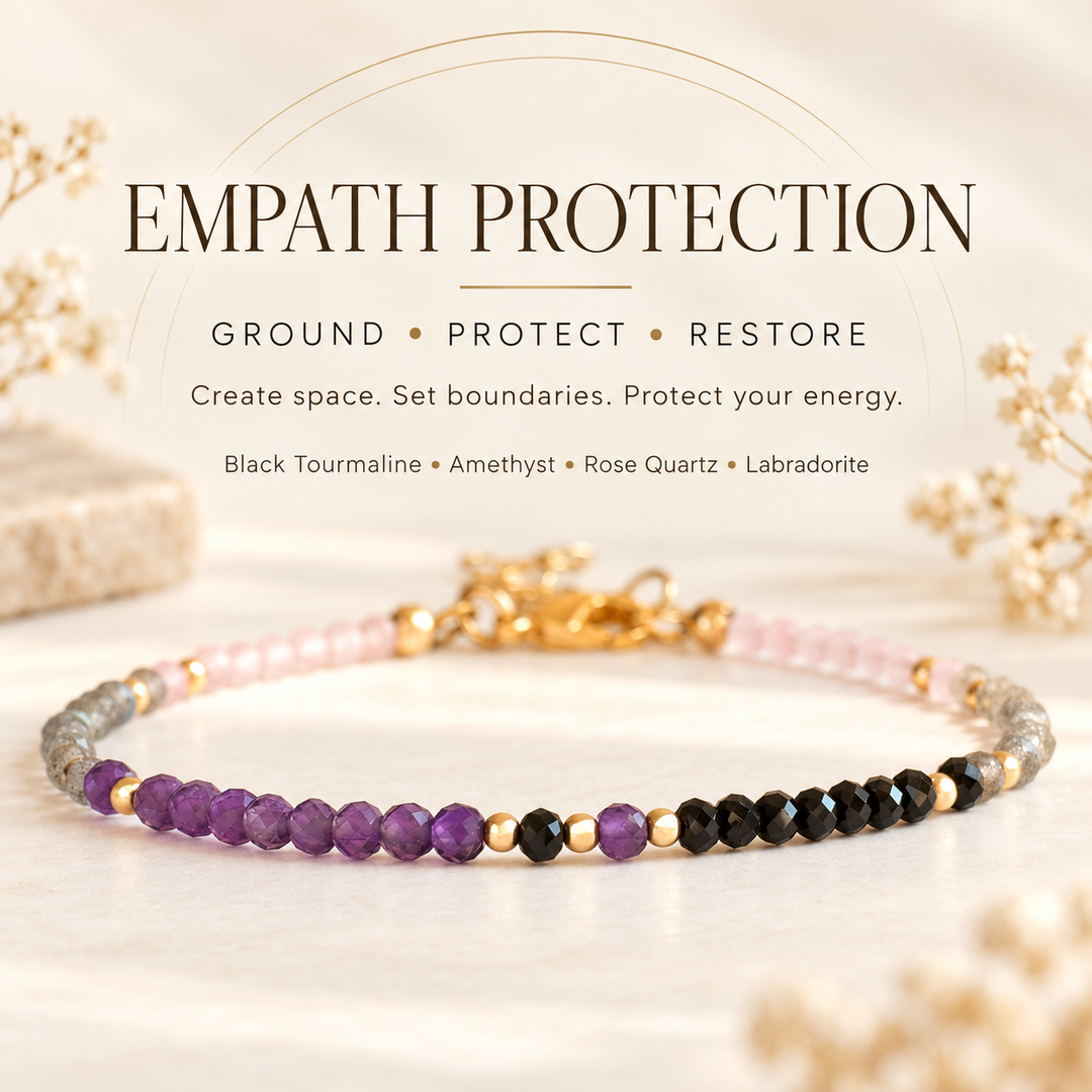 Empath Protection — a fine beaded bracelet of black tourmaline, amethyst, rose quartz and labradorite with gold accents