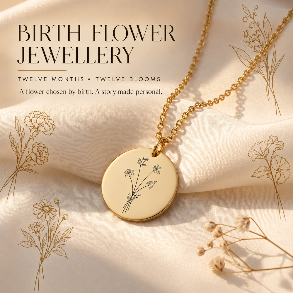 Birth Flower Jewellery — a gold disc pendant engraved with a birth flower on cream silk, framed by line drawings of twelve blooms
