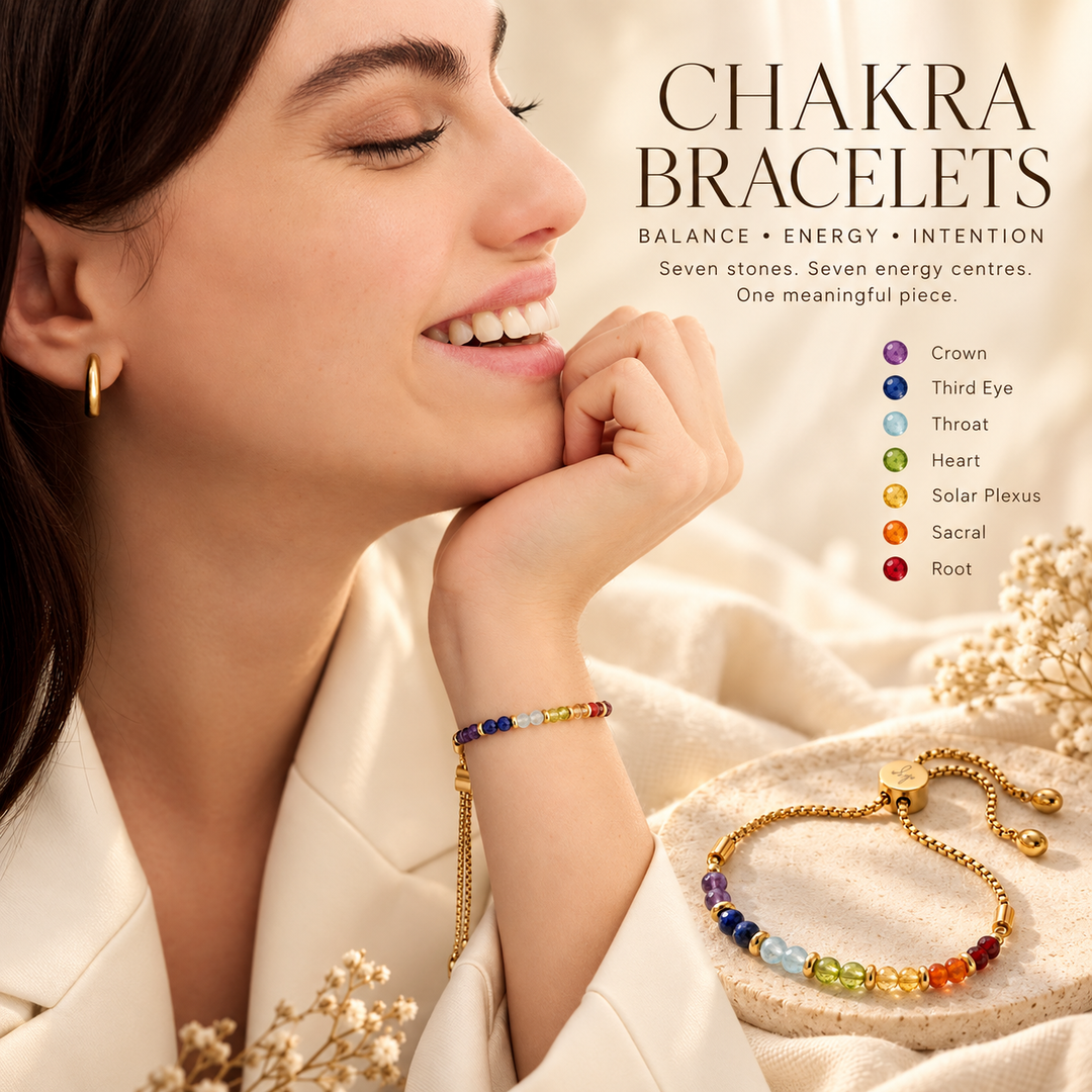 Chakra Bracelets — a model wearing a seven-stone chakra bracelet, with a colour key for the crown, third eye, throat, heart, solar plexus, sacral and root centres