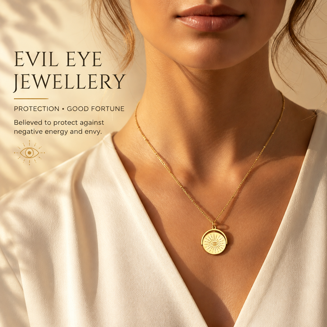 Evil Eye Jewellery — a gold evil eye disc pendant worn over a white wrap blouse, believed to protect against negative energy