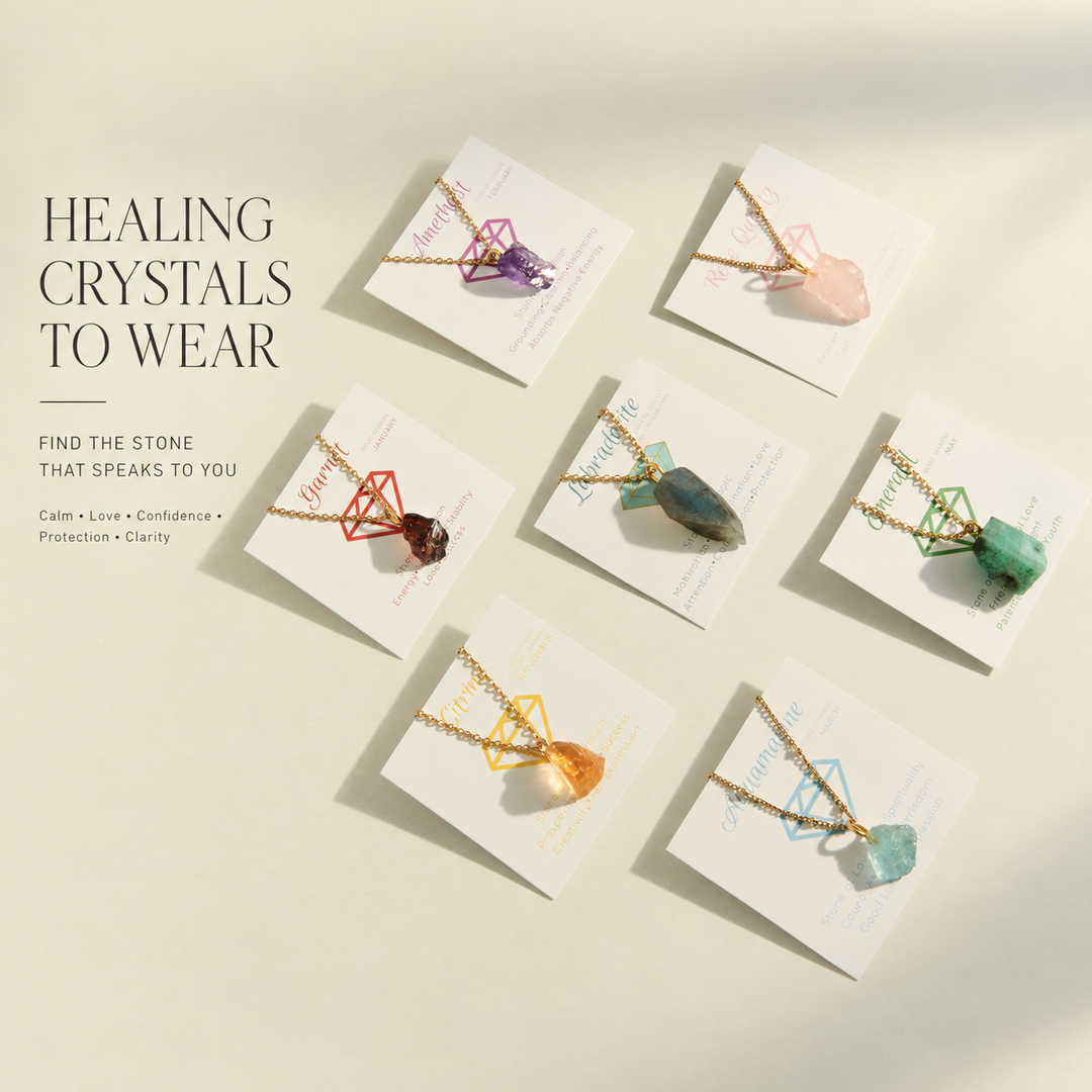 Healing Crystals to Wear — seven raw crystal pendant necklaces on gift cards in purple, pink, deep red, grey-green, green, orange and pale blue