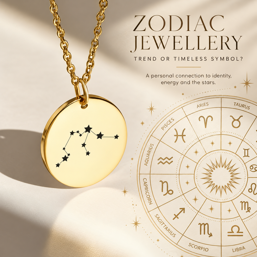 Zodiac Jewellery — a gold disc pendant engraved with a star constellation beside a zodiac wheel showing all twelve signs