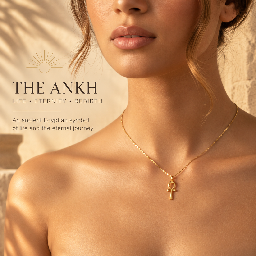 The Ankh — a gold ankh pendant on a fine chain worn at the collarbone, the ancient Egyptian symbol of life