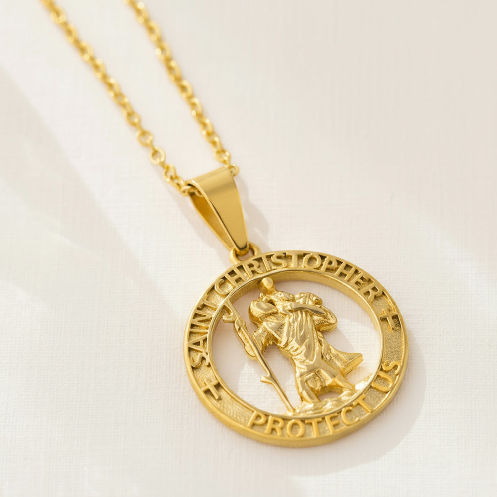 Men’s Saint Christopher necklace — a round stainless steel medal on a chain