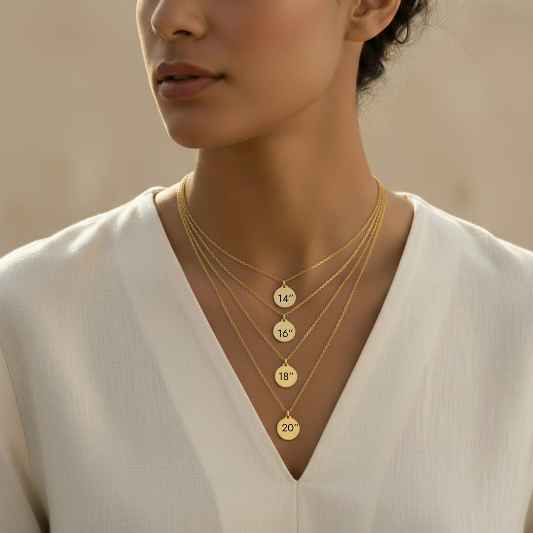Necklace length chart showing collar, choker, princess, matinee, opera and rope lengths in inches and centimetres