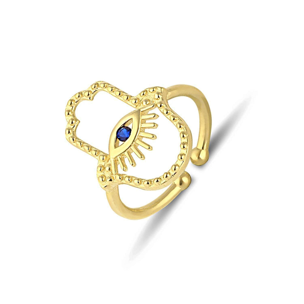Hamsa evil eye ring in gold with a sapphire-blue CZ eye