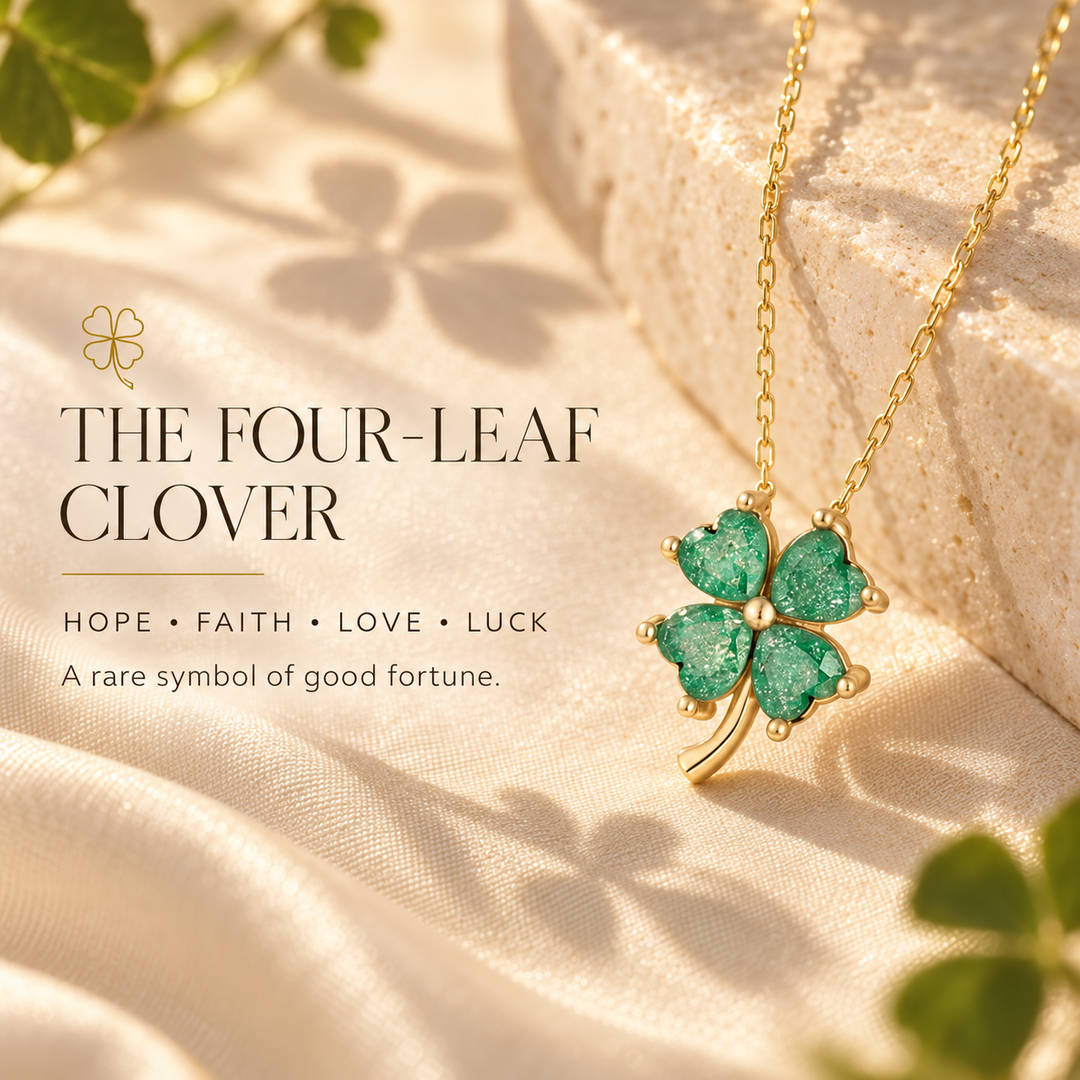 The Four-Leaf Clover — a gold clover pendant with four green pavé leaves on a fine chain, resting on cream silk