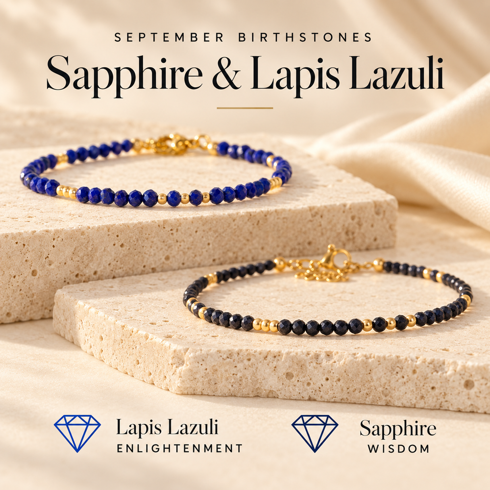 September Birthstones Sapphire and Lapis Lazuli — a bright blue lapis lazuli and gold bracelet above a dark navy sapphire and gold bracelet, labelled Lapis Lazuli for enlightenment and Sapphire for wisdom