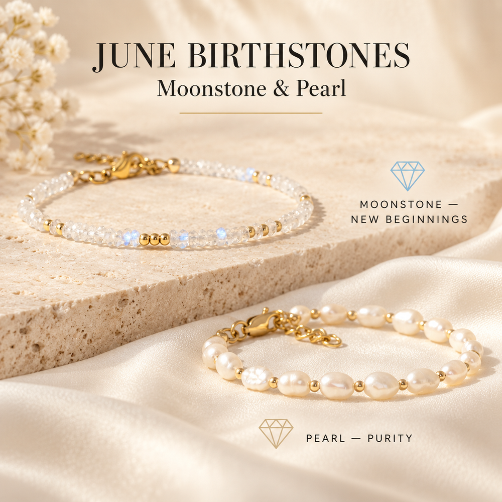 June Birthstones Moonstone and Pearl — a blue-flash moonstone and gold bracelet above a freshwater pearl and gold bracelet, labelled Moonstone for new beginnings and Pearl for purity