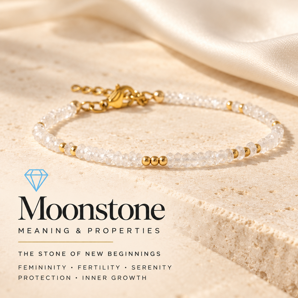 Moonstone Meaning and Properties, the Stone of New Beginnings — a white moonstone and gold beaded bracelet on travertine, captioned Femininity · Fertility · Serenity · Protection · Inner Growth