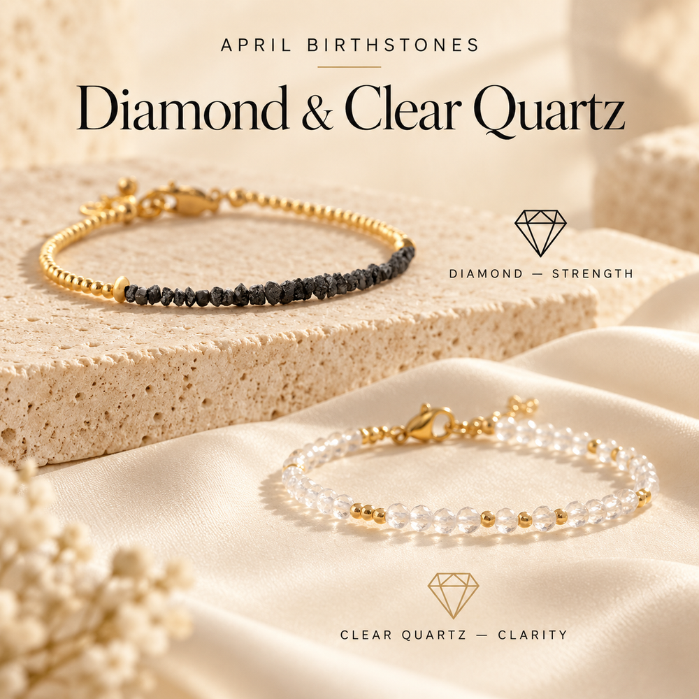 April Birthstones Diamond and Clear Quartz — a raw black diamond and gold bracelet above a clear quartz and gold bracelet, labelled Diamond for strength and Clear Quartz for clarity