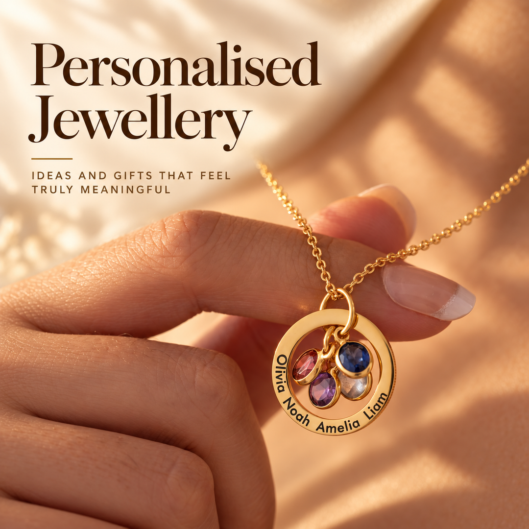 Personalised Jewellery, ideas and gifts that feel truly meaningful — a gold circle pendant engraved with the names Olivia, Noah, Amelia and Liam, hung with four coloured birthstone drops