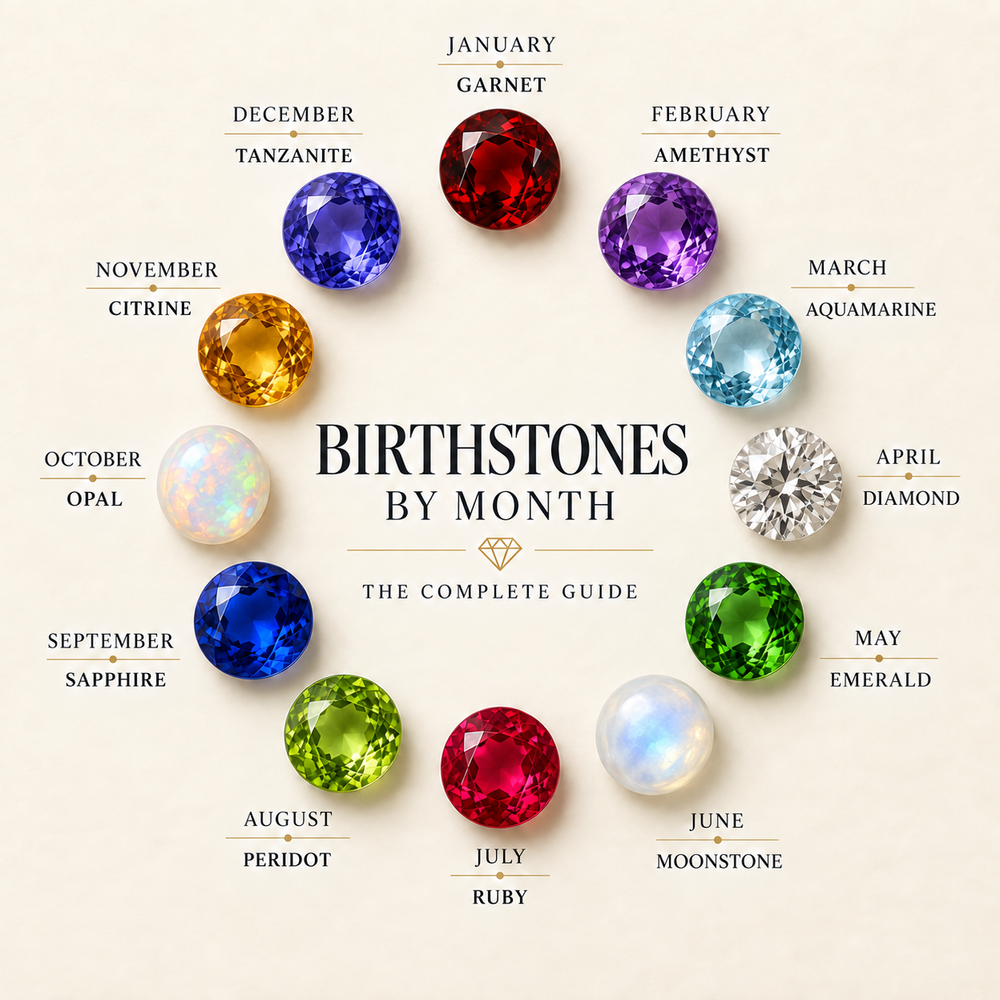 Birthstones by Month, the complete guide — a circle of twelve faceted gemstones: garnet, amethyst, aquamarine, diamond, emerald, moonstone, ruby, peridot, sapphire, opal, citrine and tanzanite