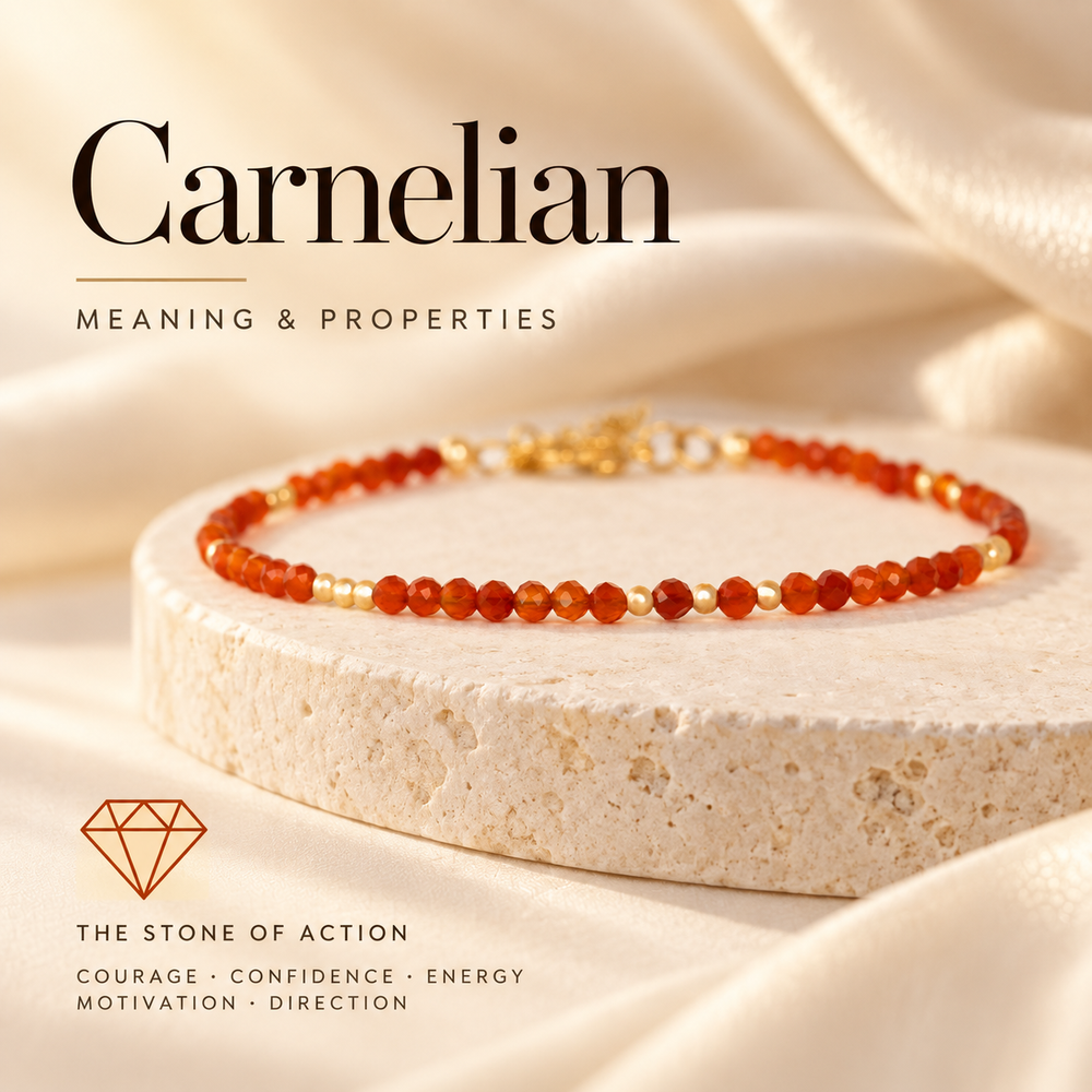 Carnelian Meaning and Properties, the Stone of Action — a burnt orange carnelian and gold beaded bracelet on a round travertine block, captioned Courage · Confidence · Energy · Motivation · Direction