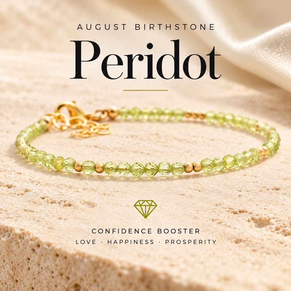 August Birthstone Peridot, a confidence booster — a lime green peridot and gold beaded bracelet on travertine, captioned Love · Happiness · Prosperity