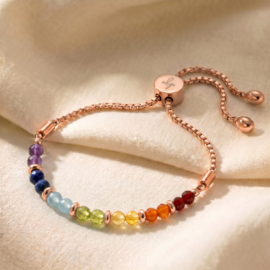 Rose gold healing chakra bracelet with 7 genuine chakra stones, adjustable slider chain