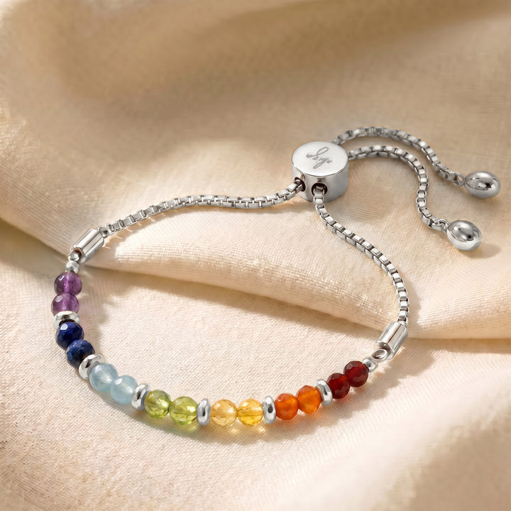 Silver healing chakra bracelet with 7 genuine chakra stones, adjustable slider chain