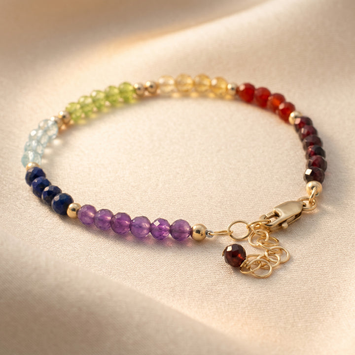 7 chakra bead bracelet flat lay with clasp and extender detail