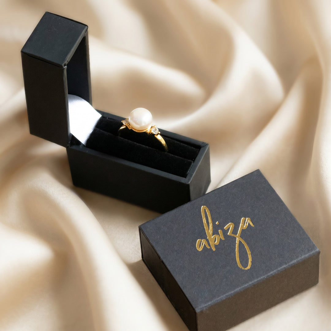 Pearl ring presented in signature Abiza ring box on silk — handmade ring with gift-ready packaging