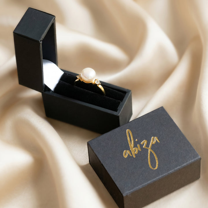 Pearl ring presented in signature Abiza ring box on silk — handmade ring with gift-ready packaging